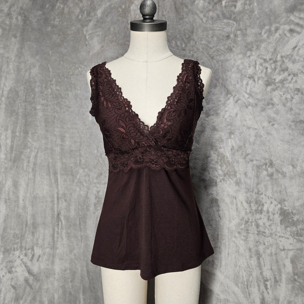 Y2K WetSeal Tank Top Women L Brown Lace Trim Empire Waist Tie Back Stretch Fairy - Picture 1 of 9